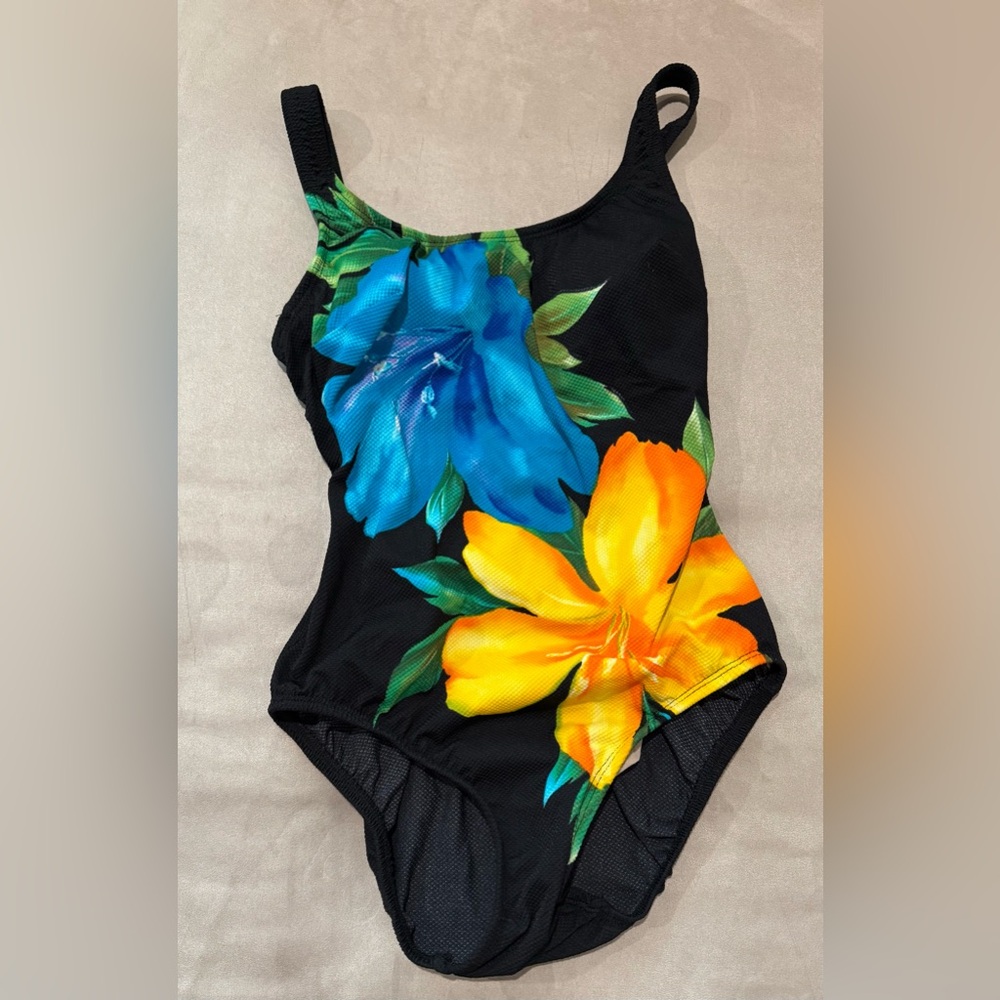 Longitude Black‎ Swimsuit with Blue and Yellow Floral Accents Size 8